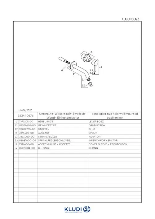 Skizze eines KLUDI BOZZ Wandmischers mit Einzelteilen, inklusive Hebel, Spout, Aerator und Abdeckstück. Ersatzteilinfo ist unten aufgelistet.
